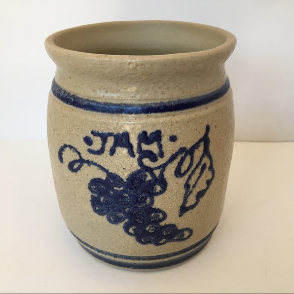 Salt Glazed Jam Jar Cobalt Blue stripes Beige Lid pottery Spoon Grapes vintage - Picture 6 of 15
